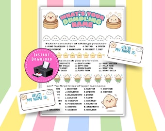 Dumpling Name Game with Name Tags & Sign, Kids Birthday Party Activity, What's Your Dumpling Name, Fun Food Name Game, Name Game Generator