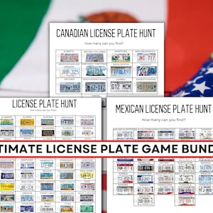 May include: A bundle of license plate games, including Canadian, Mexican, and U.S. versions. Each game features a grid of license plates with the text "License Plate Hunt" and "How many can you find?" The title "ULTIMATE LICENSE PLATE GAME BUNDLE" is displayed.