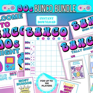 Jeu Bunco sur le thème des années 90, Impressions pour jeu de société des années 90, Jeu de dés des années 90, Imprimable Bunco sur le thème des années 90, Lot de jeux Bunco rétro, Jeu de dés rétro