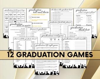 Könnte beinhalten: Eine Sammlung von 12 Spielblättern zum Thema Abschlussfeier, gedruckt auf weißem Papier mit schwarzem Text und Silhouetten von Absolventen in Roben und Hüten. Das Set enthält Aktivitäten wie Bingo, Worträtsel und Quizspiele.
