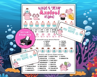 Axolotl Name Game with Name tags and Sign | What's Your Axolotl Name | Kids Party Game | Funny Animal Name Game | Birthday Activity