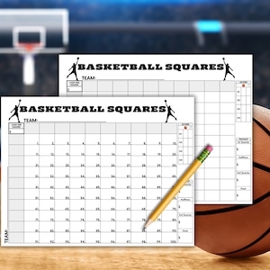 Puede incluir: Dos hojas de puntuación de cuadrados de baloncesto imprimibles. Cada hoja tiene una cuadrícula de 100 cuadrados con los números del 1 al 100. Las hojas son en blanco y negro con las palabras "Basketball Squares" en la parte superior. Las hojas están diseñadas para un partido de baloncesto.