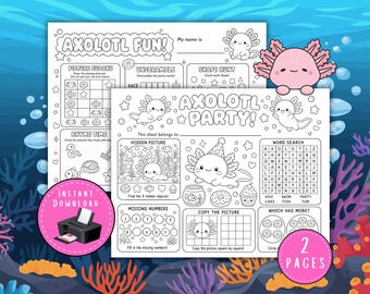 Axolotl Activity Pages, Kids Birthday Party Placemat, Coloring Pages for Kids, Classroom Activity, A lotl Fun Party Game