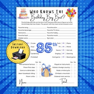 Who Knows The Birthday Boy Best, 85th Birthday Game, 85th Birthday Party, Milestone Birthday, Adult Birthday Party