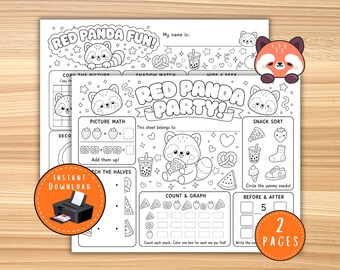 Red Panda Activity Pages, Kids Birthday Party Placemat, Coloring Pages for Kids, Classroom Activity, Red Panda Party Game