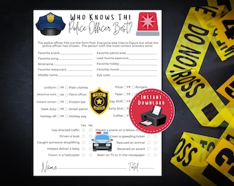 Puede incluir: Una hoja de juego de papel blanco titulada Who Knows The Police Officer Best? con un sombrero de policía azul, una sirena roja y una insignia de policía dorada. El formulario incluye preguntas para completar, opciones múltiples y una lista de verificación.