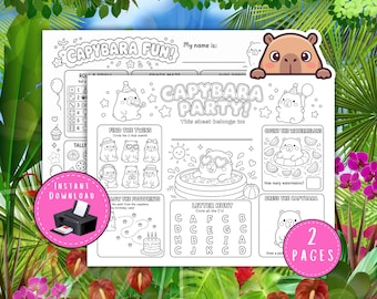 Capybara Activity Pages, Kids Birthday Party Placemats, Coloring Sheets for Kids, Classroom Activity, Capybara Party Games