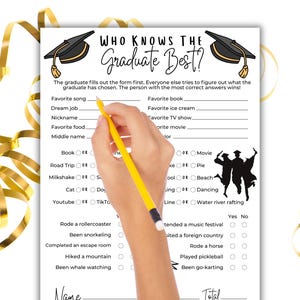 K&ouml;nnte beinhalten: Ein druckbares Spiel f&uuml;r eine Abschlussparty. Das Spiel hei&szlig;t "Wer kennt den Absolventen am besten?" und stellt Fragen zu den Lieblingsdingen, Hobbys und Erfahrungen des Absolventen. Das Spiel enth&auml;lt einen Platz f&uuml;r den Absolventen, um seine Antworten auszuf&uuml;llen, und einen Platz f&uuml;r die G&auml;ste, um zu raten.