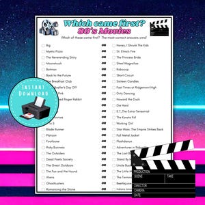 80s Movie Trivia Game, Which Came First 80s Movie Quiz, Retro Movie Trivia Game, Pop Culture Trivia, Eighties Movie Night