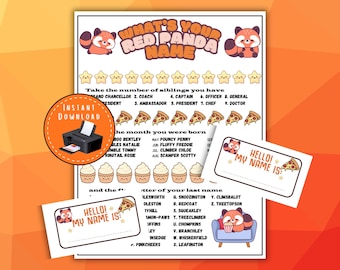 Whats Your Red Panda Name Game, Kids Birthday Party Game, Classroom Icebreaker, Name Generator Game, Red Panda Party Activity