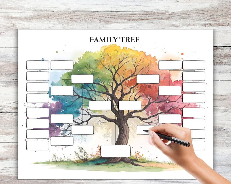 May include: A watercolor family tree chart with the words "FAMILY TREE" at the top. The tree has a colorful canopy and a dark brown trunk. Rectangular boxes are arranged around the tree for names. A hand is holding a pen, ready to write.
