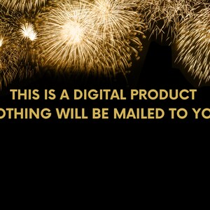 K&ouml;nnte beinhalten: Ein schwarzer Hintergrund mit einem goldenen Text&uuml;berlagerung, der "THIS IS A DIGITAL PRODUCT NOTHING WILL BE MAILED TO YOU." lautet. Der Hintergrund ist mit einem goldenen Feuerwerk verziert.