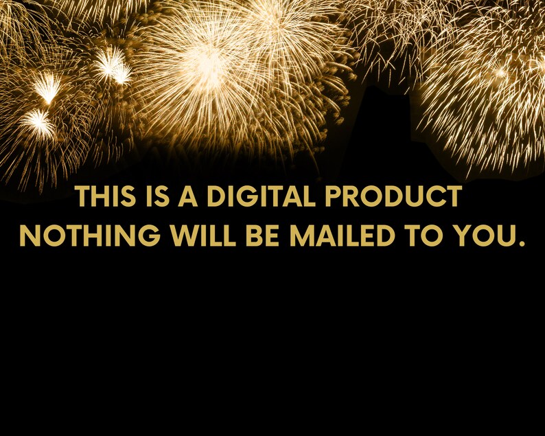 K&ouml;nnte beinhalten: Ein schwarzer Hintergrund mit einem goldenen Text&uuml;berlagerung, der "THIS IS A DIGITAL PRODUCT NOTHING WILL BE MAILED TO YOU." lautet. Der Hintergrund ist mit einem goldenen Feuerwerk verziert.