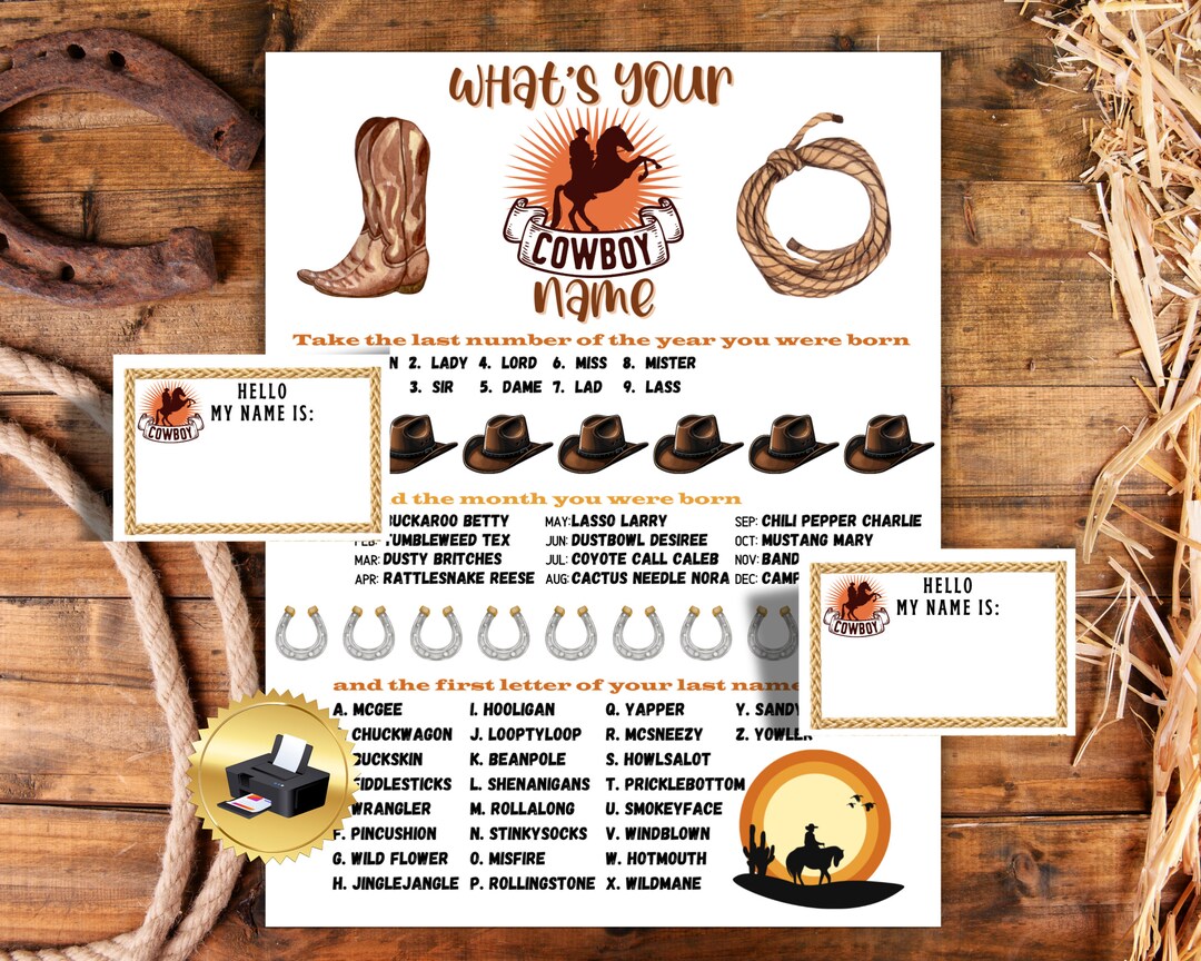 What's Your Cowboy Name Game, Cowboy Name Game, Cowboy Theme Party Game ...