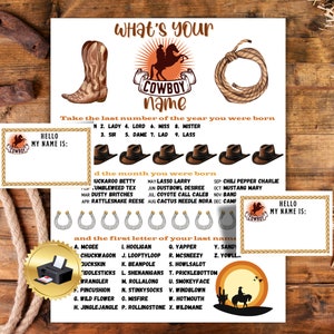 Qual è il tuo nome da cowboy? Gioco, Gioco del nome da cowboy, Gioco per feste a tema cowboy, Gioco per feste a tema western, Gioco per feste di Halloween da cowboy