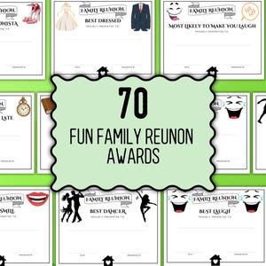 May include: A collection of 70 printable award certificates for family reunions, featuring various themes like Best Fashionista, Best Dressed, and Best Dancer. Each certificate includes a Family Reunion banner, a blank line for names, and a house icon.