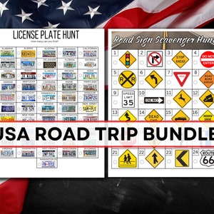 USA ロードトリップ ゲーム バンドル - ナンバー プレート ゲーム - 道路標識探しゲーム - 印刷可能な子供向けロードトリップ ゲーム