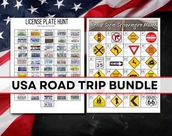 USA ロードトリップ ゲーム バンドル - ナンバー プレート ゲーム - 道路標識探しゲーム - 印刷可能な子供向けロードトリップ ゲーム