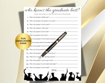 Könnte beinhalten: Ein weißes Abschlussspiel-Blatt mit dem Titel Who Knows The Graduate Best?, fünfzehn nummerierten Fragen, einer Zeile für die Gesamtpunktzahl und schwarzen Silhouetten von Absolventen am unteren Rand. Ein schwarz-goldener Füllfederhalter liegt diagonal.