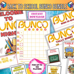 May include: A printable back to school themed Bunco game bundle. The bundle includes a welcome sign, score sheet, tally sheet, sign-in sheet, and table cards. The design features a school bus, pencils, and the words "Back to School".