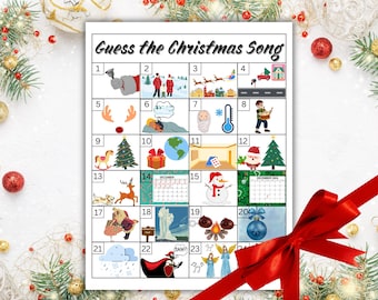 Könnte beinhalten: Ein druckbares Weihnachts-Spiel mit 24 Feldern, jedes mit einem Bild, das ein anderes Weihnachtslied darstellt. Das Spiel heißt "Errate das Weihnachtslied".