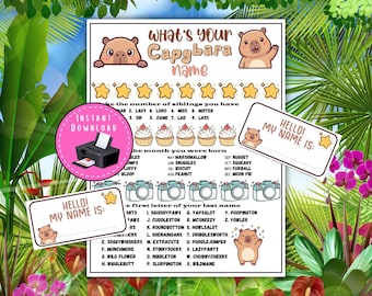 Capybara Name Game with Name Tags & Sign | Kids Birthday Party Activity | What's Your Capybara Name | Fun Animal Name Game