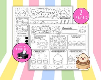 Dumpling Activity Pages, Kids Birthday Party Placemats, Dim Sum Themed Coloring Sheets, Classroom Activity, Little Dumpling Party Games