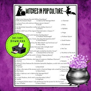 以下が含まれることがあります： 「Witches in Pop Culture」というタイトルの印刷可能なトリビアゲーム。魔女のシルエットと大釜のグラフィックが特徴です。このゲームは、さまざまな映画やテレビ番組の魔女に関する多肢選択式の質問を特徴としています。「インスタントダウンロード」ボタンが表示されます。