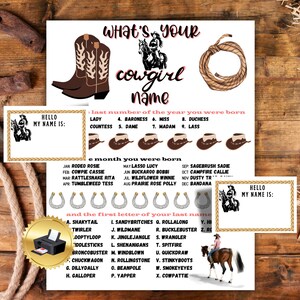 May include: A printable game for a cowgirl themed party. The game asks players to find their cowgirl name based on the month and last digit of the year they were born. The game includes a list of cowgirl names, a list of months, and a list of numbers.