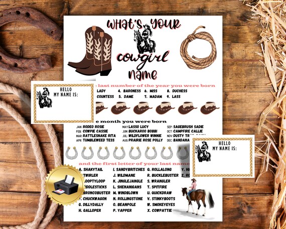 What's Your Cowgirl Name Game, Cowgirl Name Game, Cowgirl Party Game, Western Theme Party Game, Cowgirl Halloween Party Game