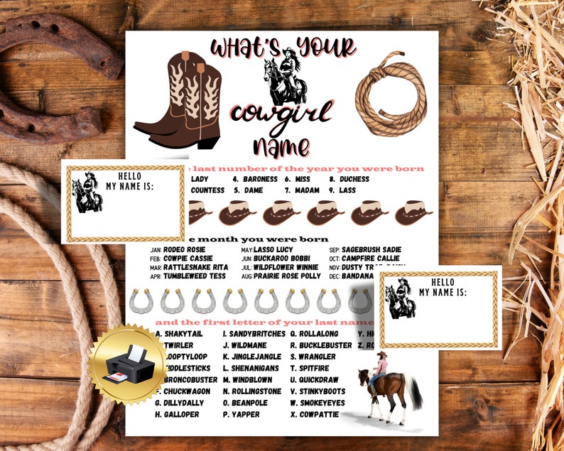 May include: A printable game for a cowgirl themed party. The game asks players to find their cowgirl name based on the month and last digit of the year they were born. The game includes a list of cowgirl names, a list of months, and a list of numbers.