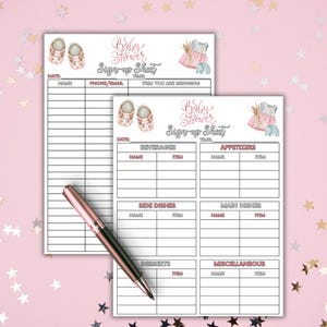 May include: Two baby shower sign-up sheets with watercolor illustrations of baby shoes and a dress with an elephant. The sheets have sections for names, phone/email, and items. A pen rests on the bottom sheet, with a pink background and star confetti.