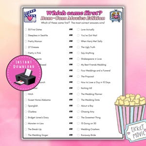 Peut inclure: Une feuille de jeu imprimable intitulée "Which came first? Rom-Com Movies Edition." Le jeu propose une liste de films de comédie romantique avec des options pour choisir quel film est sorti en premier. Comprend un seau de pop-corn et une étiquette "Ticket Movie".