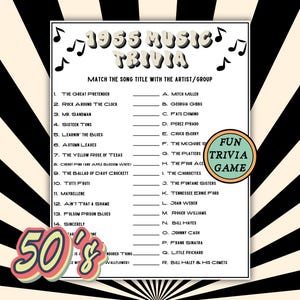 1955 Music Trivia, 70th Birthday Game, Class of 1955, 1955 Greatest Hits, 70th Birthday Party Game, Printable 1955 Music Trivia Game
