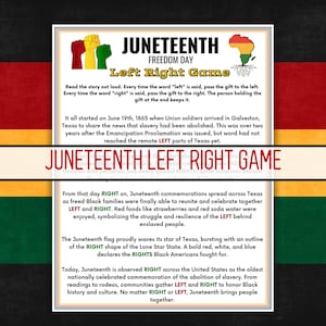 May include: A colorful illustration celebrating Juneteenth, a holiday commemorating the emancipation of enslaved people in the United States. The illustration features a red, white, and blue flag with a star, a red, white, and blue hand, and the text "Juneteenth Freedom Day Left Right Game".