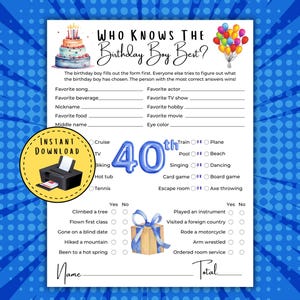 May include: A printable birthday party game titled "Who Knows The Birthday Boy Best?" with fill-in-the-blank questions. The design includes a cake, balloons, and a gift box, all on a blue background.