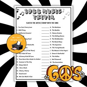 May include: A black and white trivia game sheet titled "1966 Music Trivia." The game includes a list of songs and artists to match. The design features musical notes and a "60's" graphic. An "Instant Download" graphic is also present.