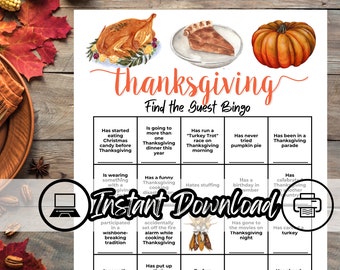 Thanksgiving Bingo, Thanksgiving Find The Guest, Icebreaker Bingo,  Thanksgiving Icebreakers, Thanksgiving Game, Thanksgiving Party Game