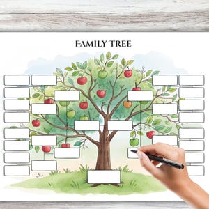 Peut inclure: Un arbre généalogique de style aquarelle avec les mots "FAMILY TREE" en haut. L'arbre a des feuilles vertes et des pommes rouges et vertes. Des cases rectangulaires sont placées dans l'arbre pour les noms. Une main tient un stylo, prête à écrire.