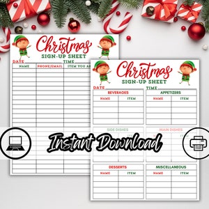 Könnte beinhalten: Druckbarer Weihnachts-Anmeldezettel mit Elfenillustrationen. Das Blatt ist in Abschnitte für Getränke, Vorspeisen, Beilagen, Hauptgerichte, Desserts und Sonstiges unterteilt. Jeder Abschnitt hat Spalten für Name und Artikel.