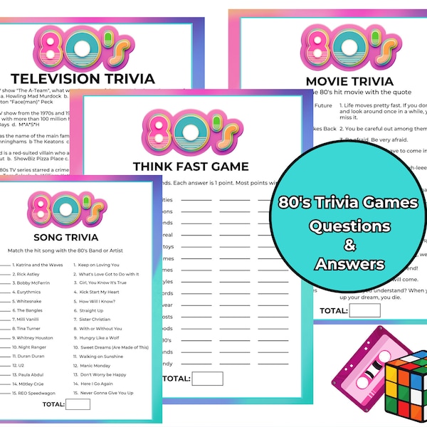 80s Trivia, 80s Trivia Game, 80s Music, 80s TV Shows, 40th Birthday, 40th Class Reunion, 80s Think Fast Game