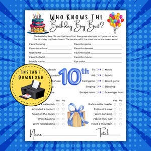 May include: A printable birthday party game sheet titled "Who Knows The Birthday Boy Best?" with fill-in-the-blank sections for favorite things and multiple-choice questions. Includes a cake, balloons, and a gift illustration.