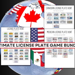 May include: The image showcases a license plate game bundle with the text "ULTIMATE LICENSE PLATE GAME BUNDLE". The bundle includes games for the USA, Canada, and Mexico, with license plates to find. The background features a globe with flags.
