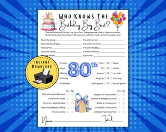 May include: A printable birthday party game sheet titled Who Knows The Birthday Boy Best? featuring a watercolor cake, balloons, and an 80th birthday theme. The white paper includes fill-in-the-blank questions, multiple choice options, and checkboxes.