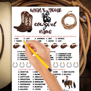May include: A printable game with a Western theme. The game asks "What's your cowgirl name?" and instructs players to take the last number of the year they were born and the first letter of the month they were born to find their cowgirl name. The game includes a list of names for each month and a list of names for each number.
