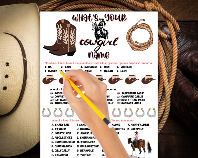May include: A printable game with a Western theme. The game asks "What's your cowgirl name?" and instructs players to take the last number of the year they were born and the first letter of the month they were born to find their cowgirl name. The game includes a list of names for each month and a list of names for each number.