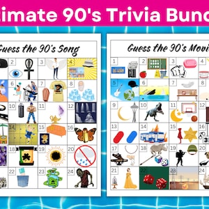 May include: A printable trivia game with two grids of 24 squares each. The grids are titled "Guess the 90's Song" and "Guess the 90's Movie". Each square contains a small image representing a song or movie from the 1990s.