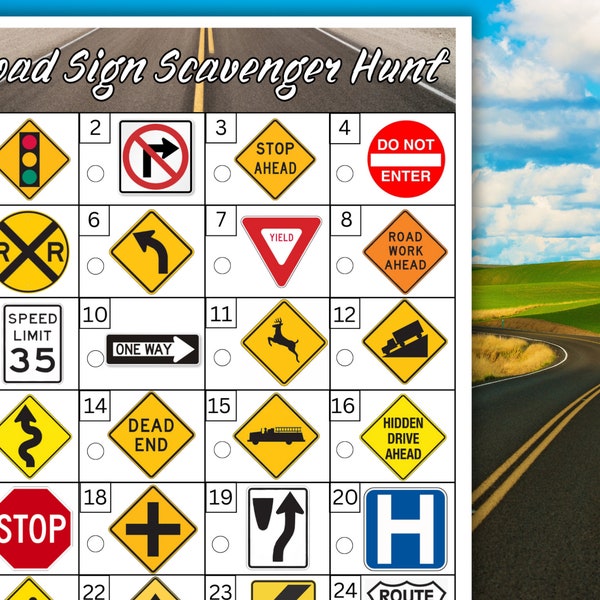 Road Signs Game, Car Games For Kids, Road Sign Scavenger Hunt for Kids, Road Trip Games For Kids, Family Road Trip Games