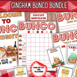 Puede incluir: Un paquete Gingham Bunco con varias hojas de juego imprimibles. Incluye un letrero de bienvenida, hojas de puntuación y etiquetas con nombres. El diseño presenta patrones de cuadros rojos y blancos e ilustraciones con temática de picnic. El texto incluye "Bunco Night".