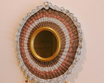 Hand-crochet wall mirror decor with beads